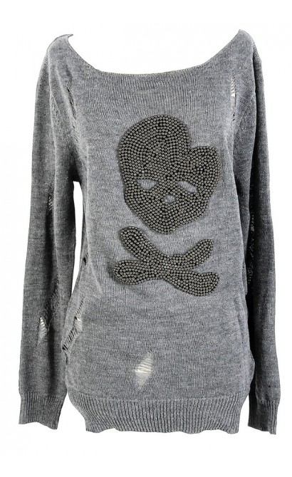 Silver Embellished Skull Open Knit Sweater In Grey